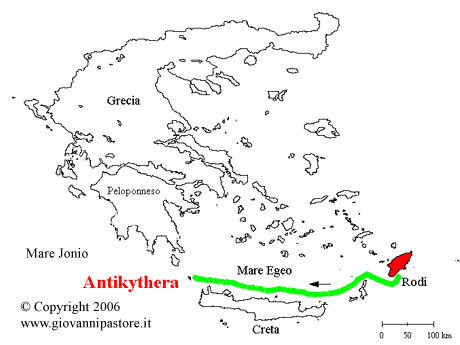 L'isoletta di Antikythera fra il mare Egeo e il mare Jonio, e il probabile percorso della nave prima del naufragio
